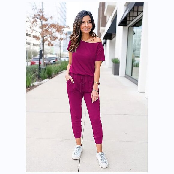 Women's Loose Solid Off Shoulder Elastic Waist Stretchy Purple - Picture 3 of 5